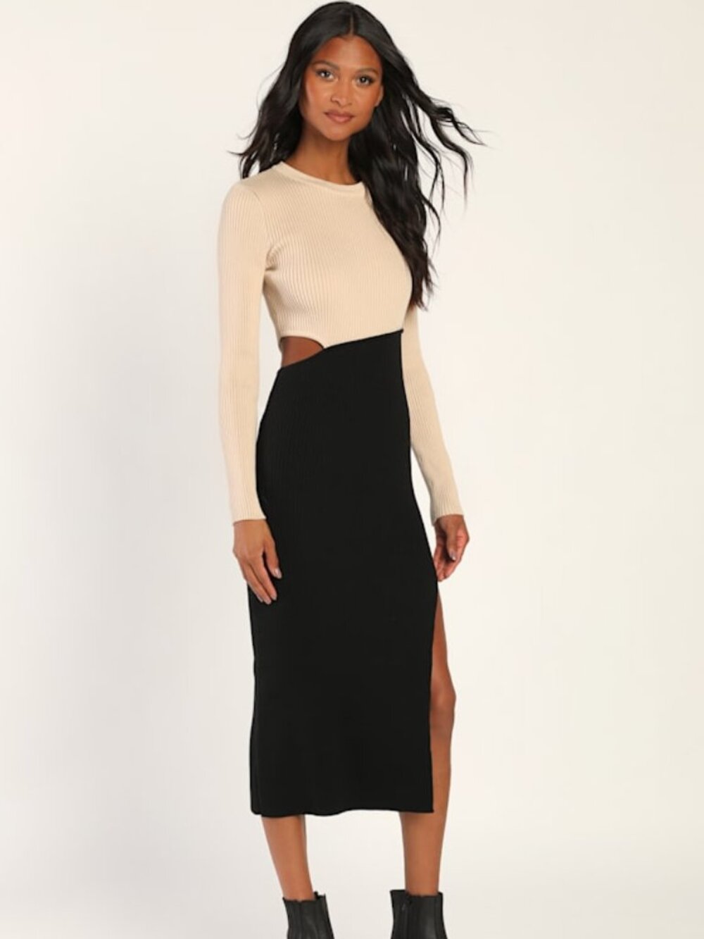 Cutest Combo Beige and Black Color Block Cutout Sweater Dress